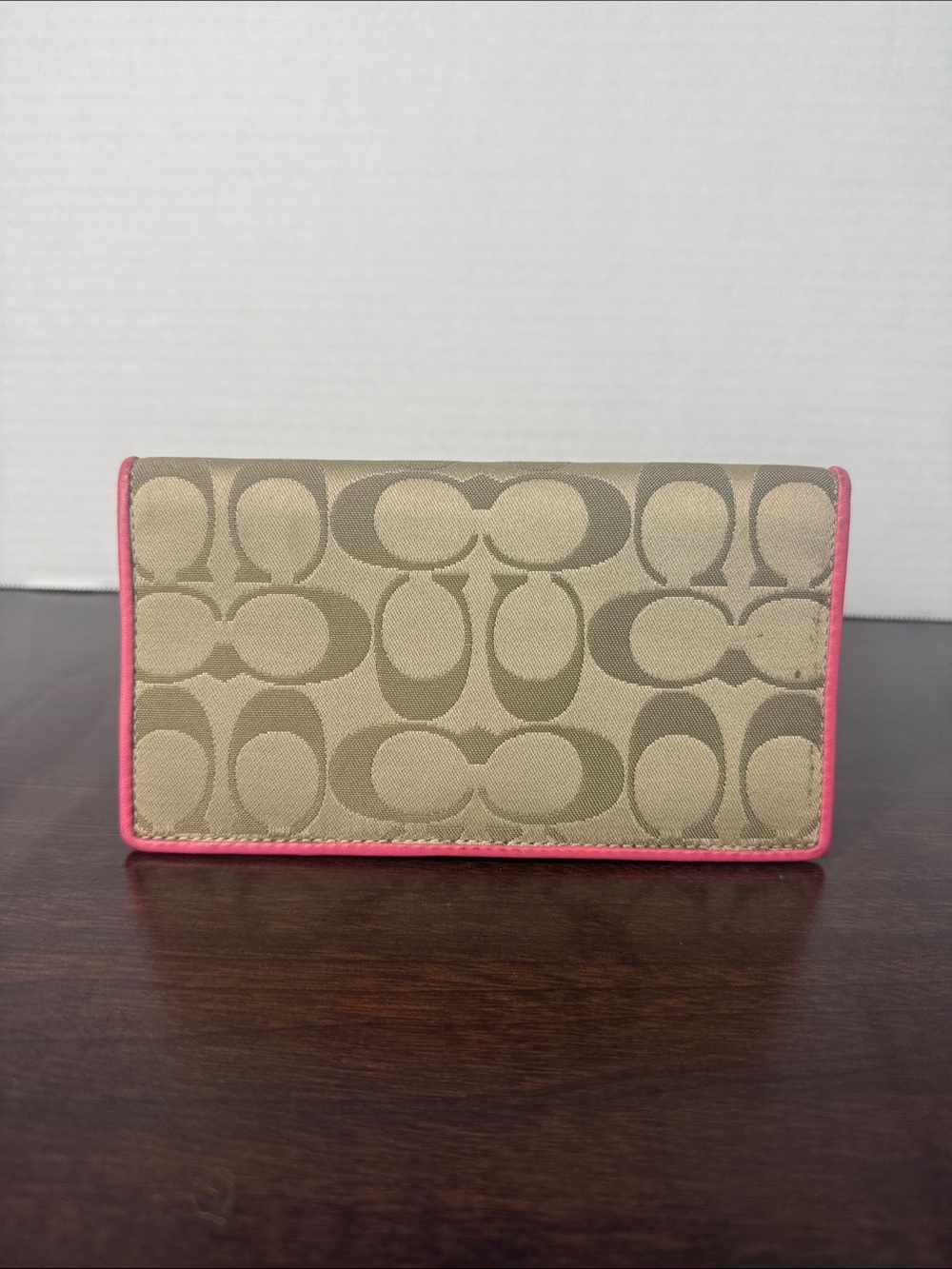 Coach Brown Pink Signature Logo Checkbook Cover with Pink Trim